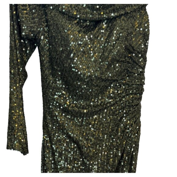 leena For Mac Duggal Size 2 Sequined Olive Green Long Sleeve Gown Draped Collar - Picture 4 of 16